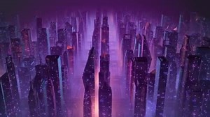80s retrowave 3D animation of a retro cityscape with glowing neon lights