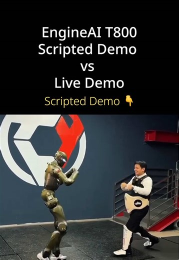 EngineAI T800: Scripted demo vs live demo. In December, this robot kicked its CEO across the room to prove it wasn't CGI. The CEO said