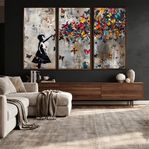 Street Art Banksy Girl Wall Art Canvas Print, Butterfly Wall Decor for Modern Minimalist Living Room - Etsy