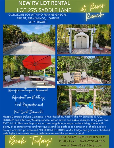 🏕 PRIVATE RV LOT FOR RENT! 🏕 ✨ NO REAR NEIGHBORS – Ultimate Privacy! ✨ 🚐 Calling all happy campers! If you're looking for the perfect FULL HOOKUP RV campsite with extra privacy and a dreamy outdoor setup, this is it! Lot 275 on Saddle Lane in River Ranch RV Resort, Lake Wales, FL, just 1 Hour from Orlando, is your escape to the great outdoors! 🔥 Why You’ll Love It: ✔ No Rear Neighbors – Enjoy peace & quiet! ✔ Full Hookups – 30/50 amp, water, sewer & cable ✔ Spacious Outdoor Living Area – Rel