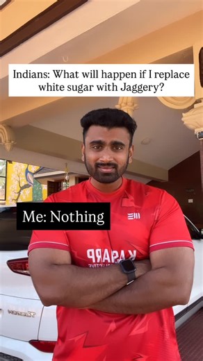 Shreyas Kamath Fitness on Instagram: "Seriously. What do people expect? Replace 5g of sugar they eat with 10g of jaggery is better? Both are the same. You are increasing your sugar intake by consuming more jaggery."