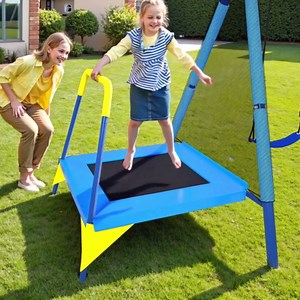 JYGOPLA 440lbs Kids Swing Set, 3-in-1 Outdoor Playground with Saucer Swing, Belt Seat & 4ft Trampoline, Heavy Duty A-Frame Metal Stand & Safety Stakes, Backyard Playset for Toddlers 3-8 Years Old