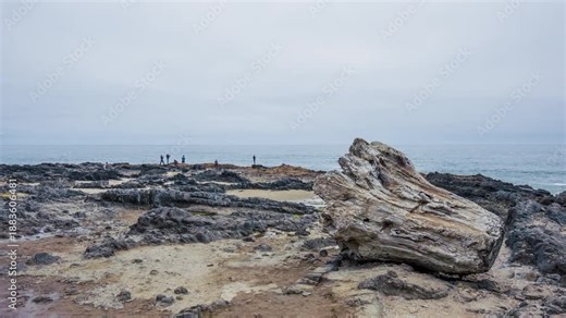 Footage capturing the dramatic and wild coastline of the Cape Perpetua Scenic Area in Oregon, USA. The scene features dark, rugged volcanic rock formations, tide pools, and the powerful Pacific Ocean
