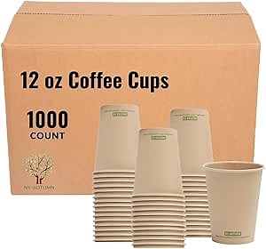 Disposable Paper Coffee Cups 12 oz - Compostable & Biodegradable - Made from Bamboo Fiber - Durable, Leakage Free & Multi Purpose Use - Ideal for Hot Beverages (1000 Count)