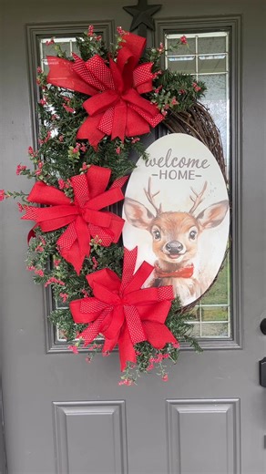 This wreath is very large but it still looks great on a standard door. The base is an oval grapevine with lots of greenery added and finished with a pop of red. This wreath could be used all winter. | Designs to A-Door