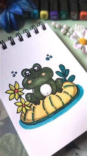 Cute Frog Drawing 🐸🌼 | Kawaii Frog on Lily Pad | Easy Coloring for Kids & Beginners