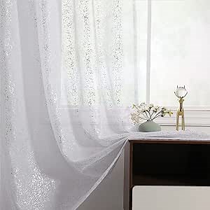 TERLYTEX Silver White Sheer Curtains 108 Inch Length - Metallic Silver Foil Sparkle Glittter Sheer Curtains for Living Room, Rod Pocket Privacy Sheer Curtain, 52 x 108 Inch, 2 Panel, Silver White