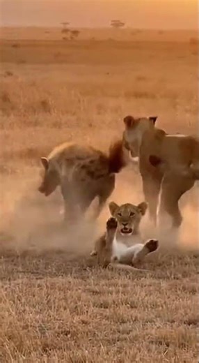 Lion protects it’s baby from a hyena. 🦁#hyena #lion #wildlife #babylion #viral
