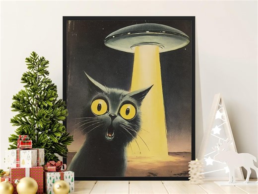Shocked Black Cat UFO Abduction Poster, Funny Alien Encounter Art Print, Vintage Sci Fi Wall Decor, Cat Lover Gift Idea - Etsy