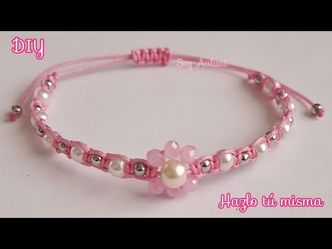 Cómo hacer Pulsera de Hilo con Flor de Cristal y Perlas | DIY Macramé
