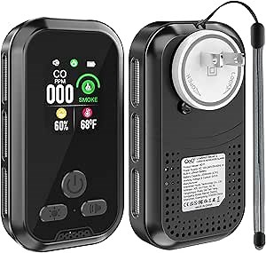 Carbon Monoxide Detectors Plug in, 4-in-1 Portable Smoke and CO Detector Alarm for Travel wi Temp Humidity Sensor, 2000mAh Battery Backup&Magnetic Converter for Home Hotel RV, 1 Pack, Black