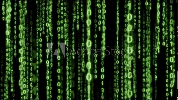 Glowing green binary numbers (0s and 1s) fall vertically on black background. Random code streams, Matrix-style digital animation. Futuristic, seamless loop.