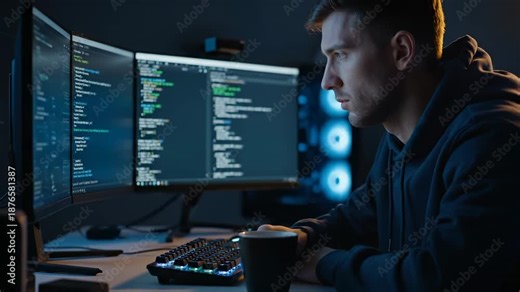 Programmer writes code on multiple monitors during night work session. Developer codes with coffee at desk using keyboard. Programmer monitors display code. Night coding with coffee at workstation.