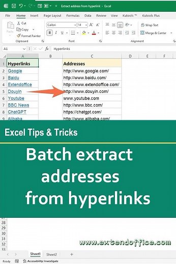 Batch Extract real addresses from hyperlinks in Excel