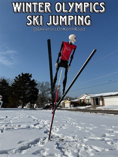 Day 3 of our Skeleton Winter Olympics. Ski Jumping! This may be a favorite 😂 #skiing #skijumping #WinterOlympics #olympicgames #Olympics #skeletons #skiingfun | Skeletons on Kerth Road
