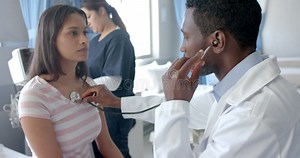Diverse Male Doctor Using Stethoscope Listening To Chest of Female Patient in Hospital, Slow Motion Stock Footage - Video of three, doctor: 302851384