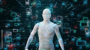 AI assistant for document management system, futuristic humanoid robot with a complex interface with file and folder icons, concept of digital data organization (3d render)