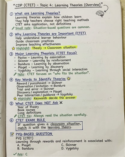 Rani Singh on Instagram: "CDP (CTET) – Learning Theories Made Easy CTET doesn’t ask theory definitions — it asks application. This page helps you: ✔ Match classroom situations with theorists ✔ Identify keywords (reward, observation, discovery) ✔ Avoid common CTET traps Keyword decides the answer — not mugging dates or books. #LearningTheories #CTETCDP #Piaget #Skinner #Bandura #Vygotsky #TeacherExams #CTETStrategy"
