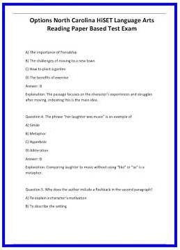 Options North Carolina HiSET Language Arts Reading Paper Based Test Exam 636x882