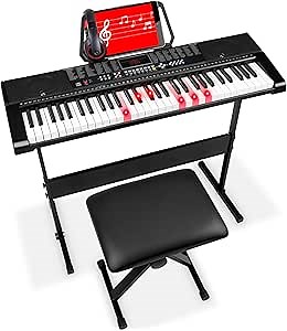 Best Choice Products 61-Key Beginners Electronic Keyboard Piano Set w/LED Screen, Lighted Keys, Recorder, 3 Teaching Modes, H-Stand, Stool, Headphones (Black)