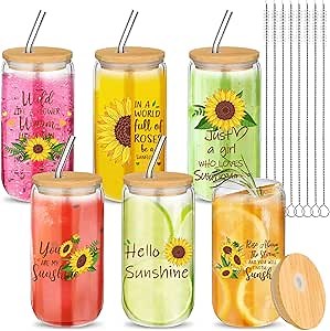Maxcheck 6 Set Christian Glass Cups with Lids and Straws 16 oz Drinking Cups Glasses Sunflower Tumbler Inspirational Religious Gifts Birthday Mom Gifts for Women(Sunflower)
