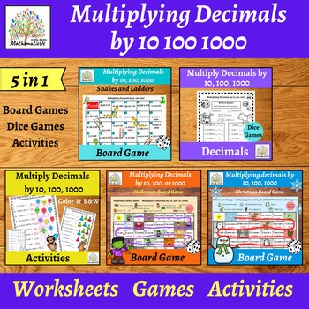Multiplying Decimals by 10, 100, 1000 Board Games, Dice games, Activities Bundle