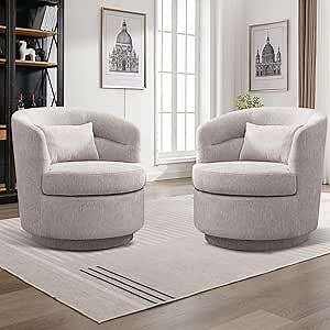 CANMOV Swivel Accent Chair Set of 2, 360 Degree Round Swivel Barrel Chair with Pillow, Upholstered Comfy Barrel Armchair Single Club Sofa Chair for Living Room, Bedroom, Reading Room, (Grey*2)