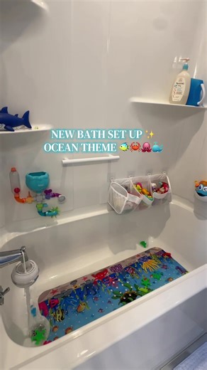 Fun new bath set up!!! Under the sea theme and the kids absolutely loveee this one 🫶🏼 so many fun new toys and things added to keep them entertained during bath time!! 🐳🐙🦀🐠 #bathtimefun #MomsofTikTok #toddlerfun #toddleractivity #oceantheme