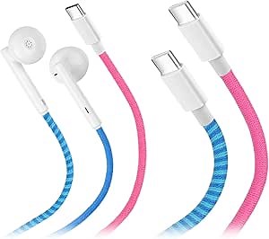 2packs Braided USB C Earphones, Colorful Earbuds, in Ear Headphones with Mic + USB C PD Charging Cables 2 Hours Full Charged