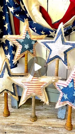 Tammy | Rock River Stitches - Handmade Home Decor on Instagram: "Primitive Americana fabric stars will be in my shop Sunday, May 19th at 5pm Central time! I love creating these stars every year using different fabrics. So fun for centerpieces or shelves. They are attached to vintage wooden textile bobbins. Wishing you are Wonderful weekend! It’s so hard to stay inside with the beautiful weather we have been having! Enjoy! #summertime #summervibes #stars #sewingproject #sewing #americana #patriot