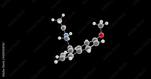 Agomelatine molecule, rotating 3D model of atypical antidepressant, looped video on a black background
