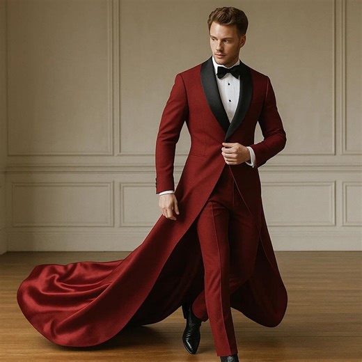 Maroon Wedding Tuxedo Outfit, Men's Handmade Tailcoat, Groom's Luxury Longtail Bridal Coat - Etsy