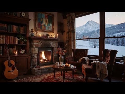 👉 Cozy Living Room in Snowstorm | Crackling Fireplace & Relaxing Winter Ambience With Falling Snow