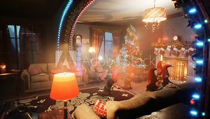 Jolly elves dancing near the Christmas tree at Christmas day. Christmas and New Year's Eve atmosphere concept. The looped animation is ideal for festive, Christmas and New Year's Eve backgrounds.