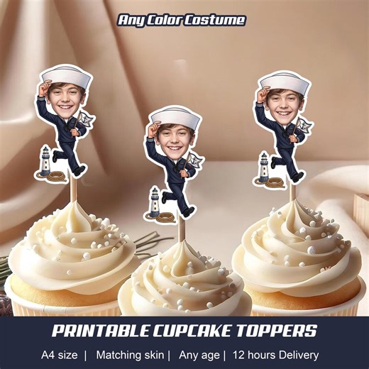 Sailor Personalized Cupcake Toppers | Custom Nautical Birthday Party Decor | Printable Digital Download | Navy Captain Face Cake Toppers - Etsy