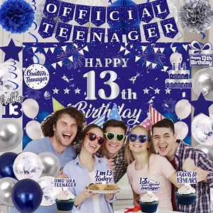 13th Birthday Decorations for Boys Girls, Blue Silver Official Teenager Party Decorations, Happy 13th Birthday Backdrop, Banner, Balloons, Pompoms, Hanging Swirls, Birthday Card, Cake Topper Set 54pcs