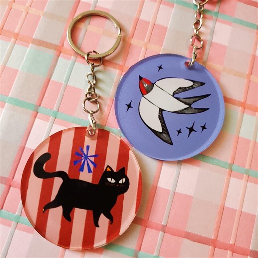 Keychain, Round, Plexiglass, Acrylic, Illustration, Black Cat, Stripe, Pink - Etsy