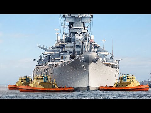 US Massive Battleship Taken Into Sea by Powerful Tugboats