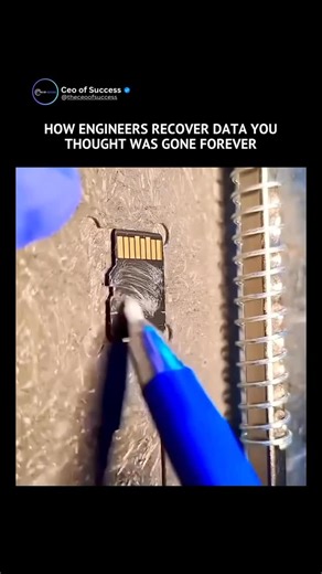 Success | Business | Wealth | Motivation | News | Technology on Instagram: "Even when an SD card looks completely destroyed, the data inside isn’t always gone. Inside every card is a tiny memory chip that can survive long after the outer shell is broken. Data recovery experts carefully open the card, clean the chip under a microscope, and connect it to a specialized reader that pulls raw binary data straight from the source. Once the chip is stable and the pathways are mapped, advanced software 