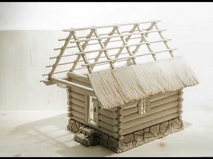3D printed log house cabin with straw roof thatching - assembly