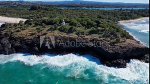 Flying Towards Fingal Head Lighthouse At Fingal Head, New South Wales, Australia. Aerial Drone Shot