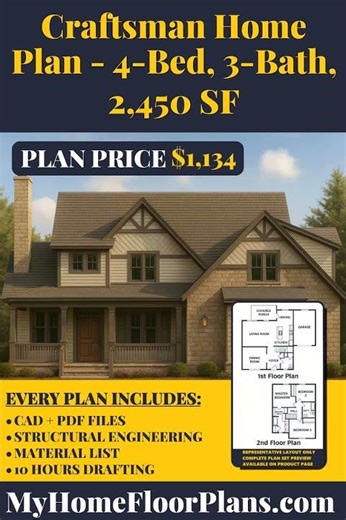 Craftsman Home Plan - 4-Bed, 3-Bath, 2,450 SF