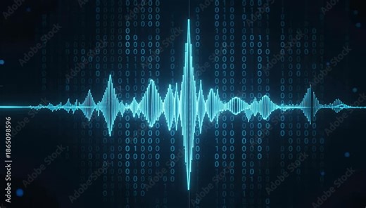 Digital audio waveform visualization with binary code background for sound analysis and data representation.