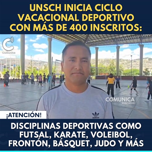 🔵#local || Unsch inicia ciclo vacacional deportivo con más de 400 inscritos La Universidad Nacional de San Cristóbal de Huamanga (Unsch), a través de la Unidad de Deporte y Recreación, inició esta semana el ciclo vacacional deportivo 2026. Según datos, se tiene más de 400 estudiantes inscritos en las diversas disciplinas deportivas. Entre las disciplinas deportivas están voleibol, básquet, futsal, karate, judo, wushu, ajedrez, frontón y kickboxing. Asimismo, el entrenador de la disciplina depor