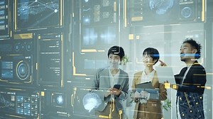 Group of business people meeting in office with digital technology concept