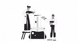 Lab technicians conducting chemical experiment bw outline 2D animation. Pouring liquid science 4K video motion graphic. Stem students monochrome linear animated cartoon flat concept, white background
