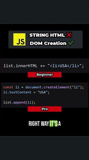 Beginner vs Pro | String HTML vs DOM Creation #coding #shorts #webdevelopment