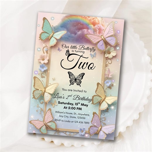 Butterfly Birthday Invitation, First Birthday Invitation, Girl Butterfly Party, Purple Butterfly Birthday Invite, Editable Canva Template - Etsy