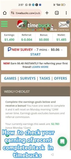 I Tried to check the earning of last task in TimeBucks,