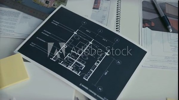 Tools of an architect. Architect's desk: drawings, tape measure, ruler and other drawing tools. Architect works with drawings in a bright office. Instruments and office for designer.